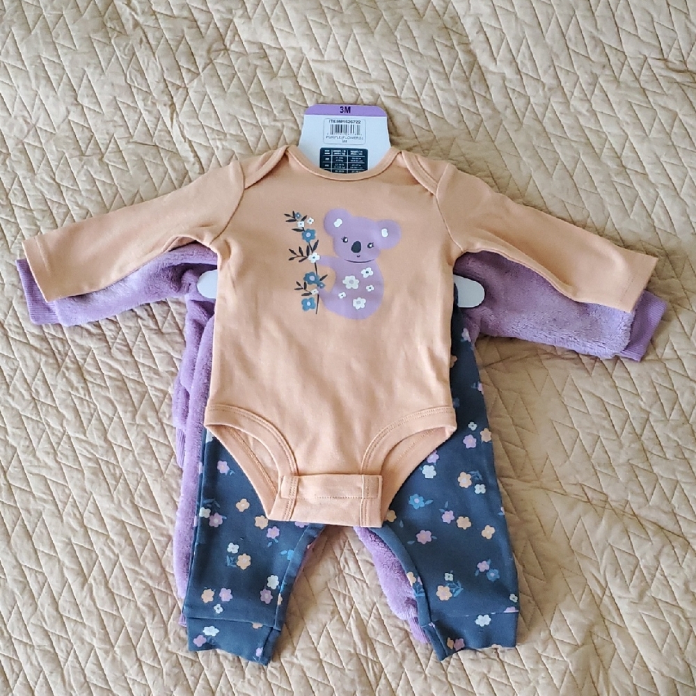 Peach and Gray Koala Baby Bodysuit Set